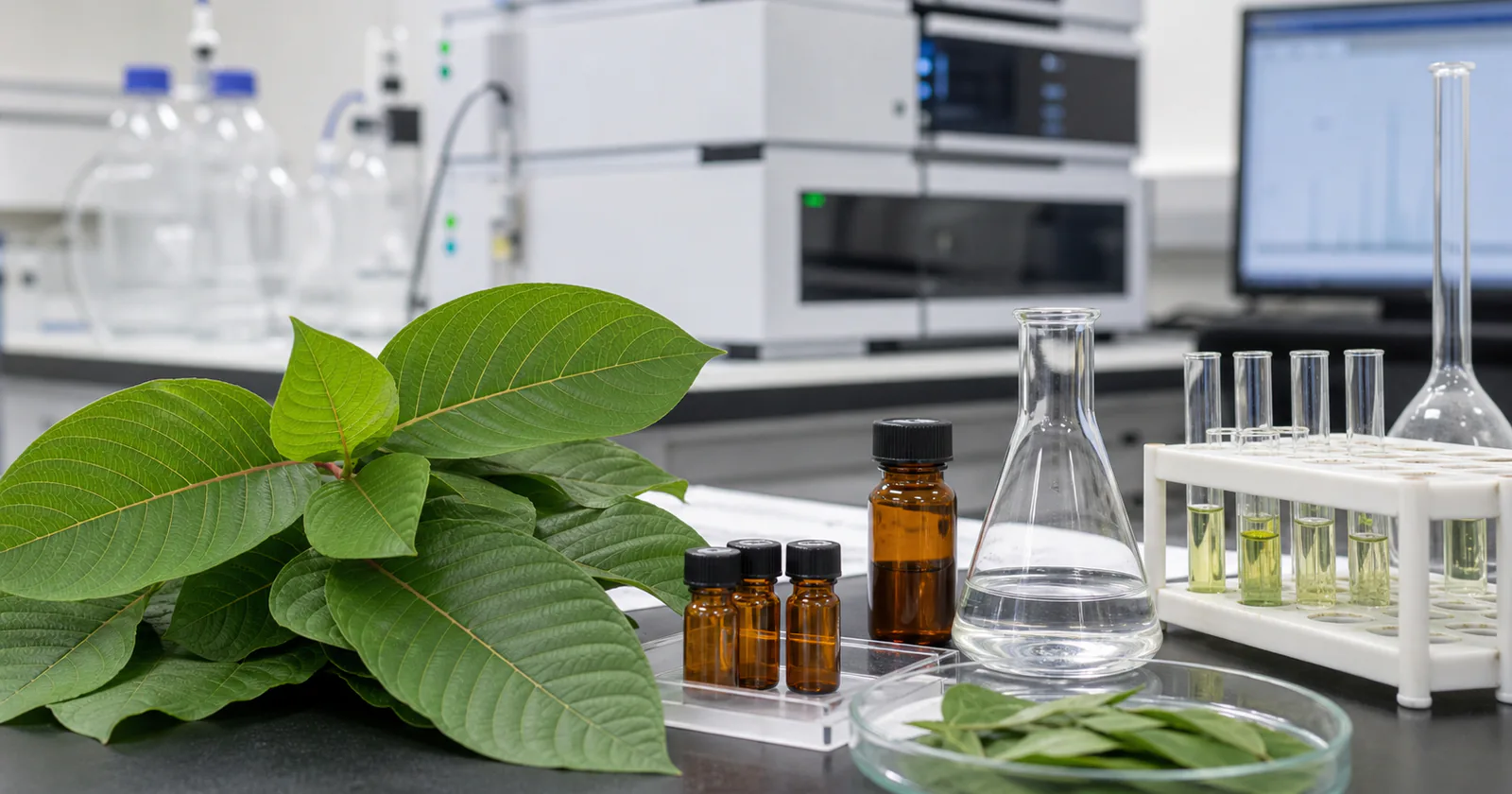 Mitragyna-speciosa-Blätter neben Laborproben zur Erforschung von Mitragynin und 7-Hydroxymitragynin